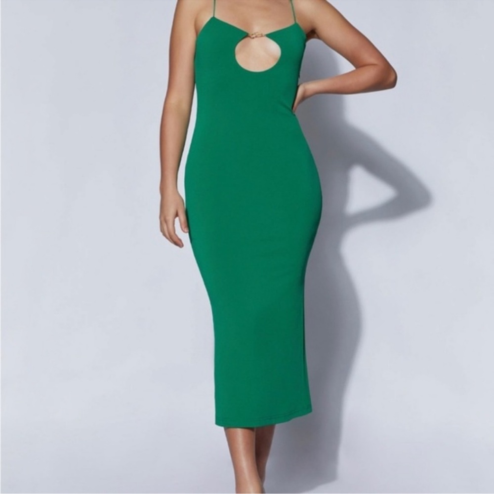 NWT Meshki Ariya Midi Dress Green Gold Detail Keyhole Strappy